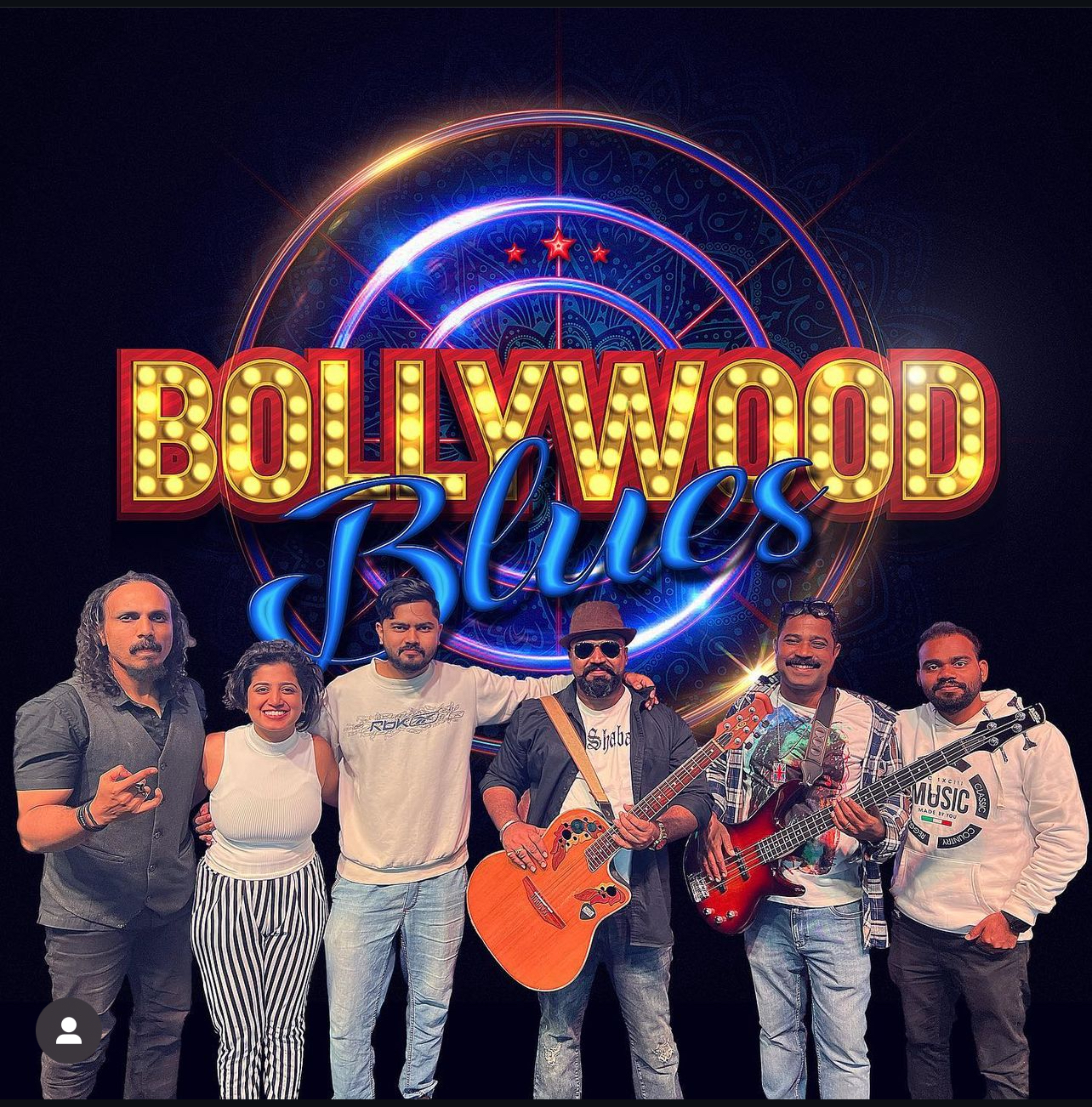 Bollywood Blues band — full lineup under the marquee logo